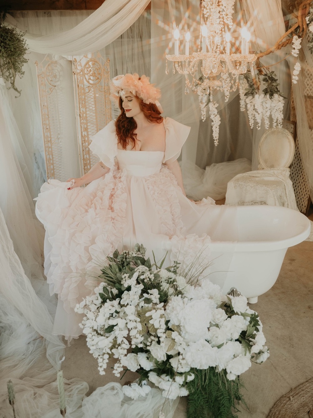 Selkie Blush Riviera Pink Ruffled Ball Gown Dress with removable sleeves - Picture 5 of 7